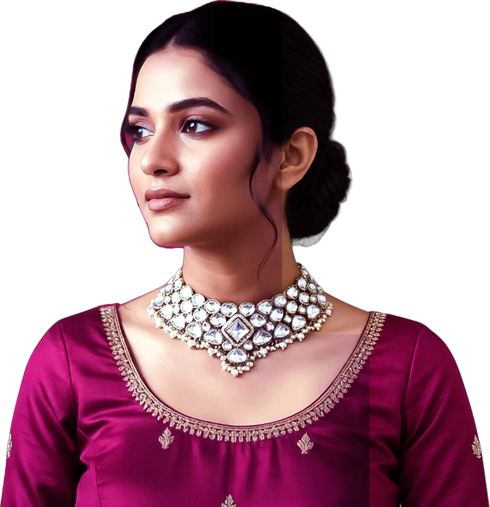 A model in a rani pink blouse wearing a kundan choker