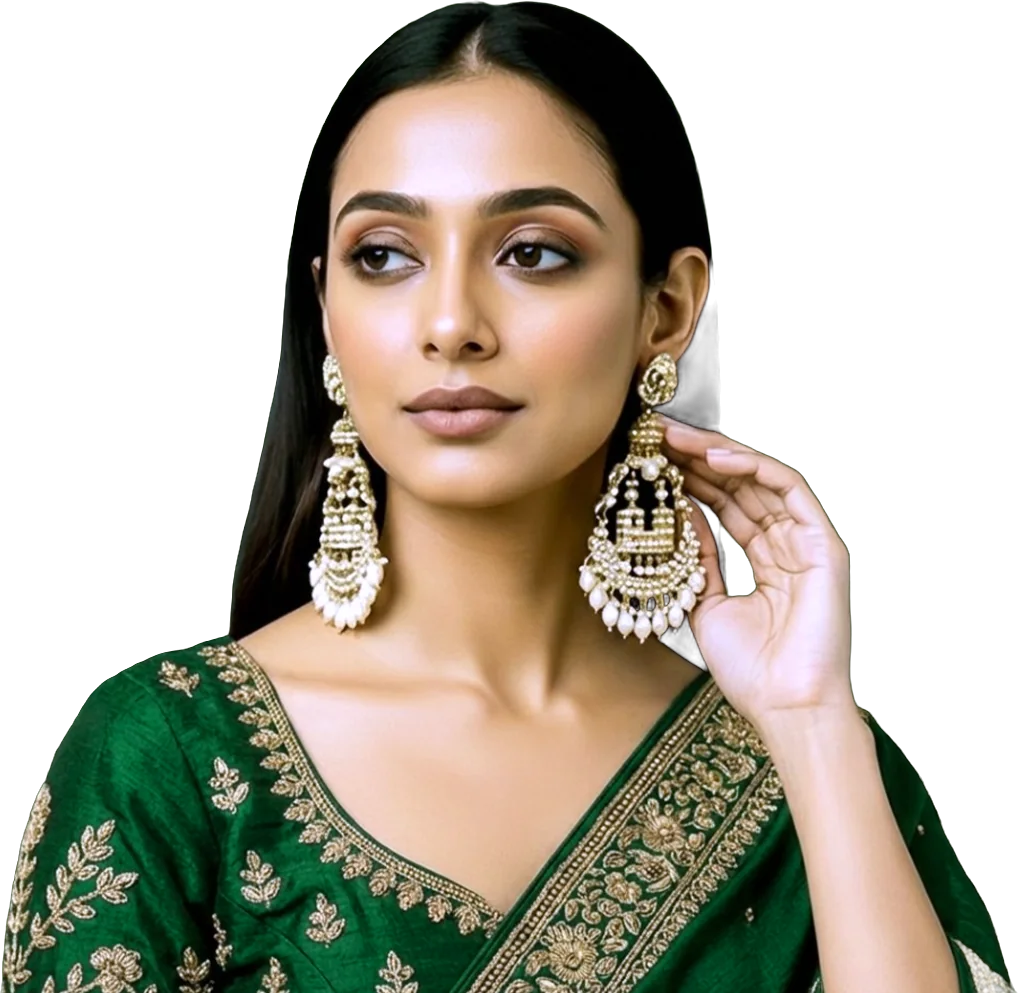 A model in an emerald saree wearing pearl chandbali jhumkas