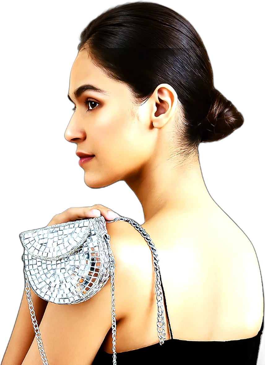 A model carrying the mirror-work mini bag over her shoulder